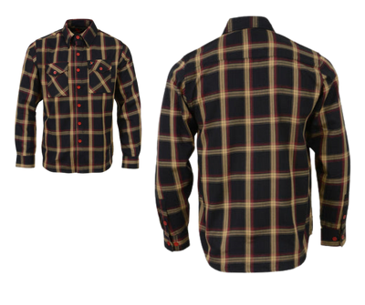 This 100% cotton Red/Yellow/Black flannel Red Button shirt exudes classic style. It features a button down collar, two front flap pockets, and a vintage plaid pattern. Perfect for hiking, outdoor work, or riding horses or motorcycles. Never going out of style, and always available in our Smyrna, TN shop. Imported.  Details: Button down collars, Snaps, 2 Pockets, Yokes, Flannel Lining, 100% Cotton