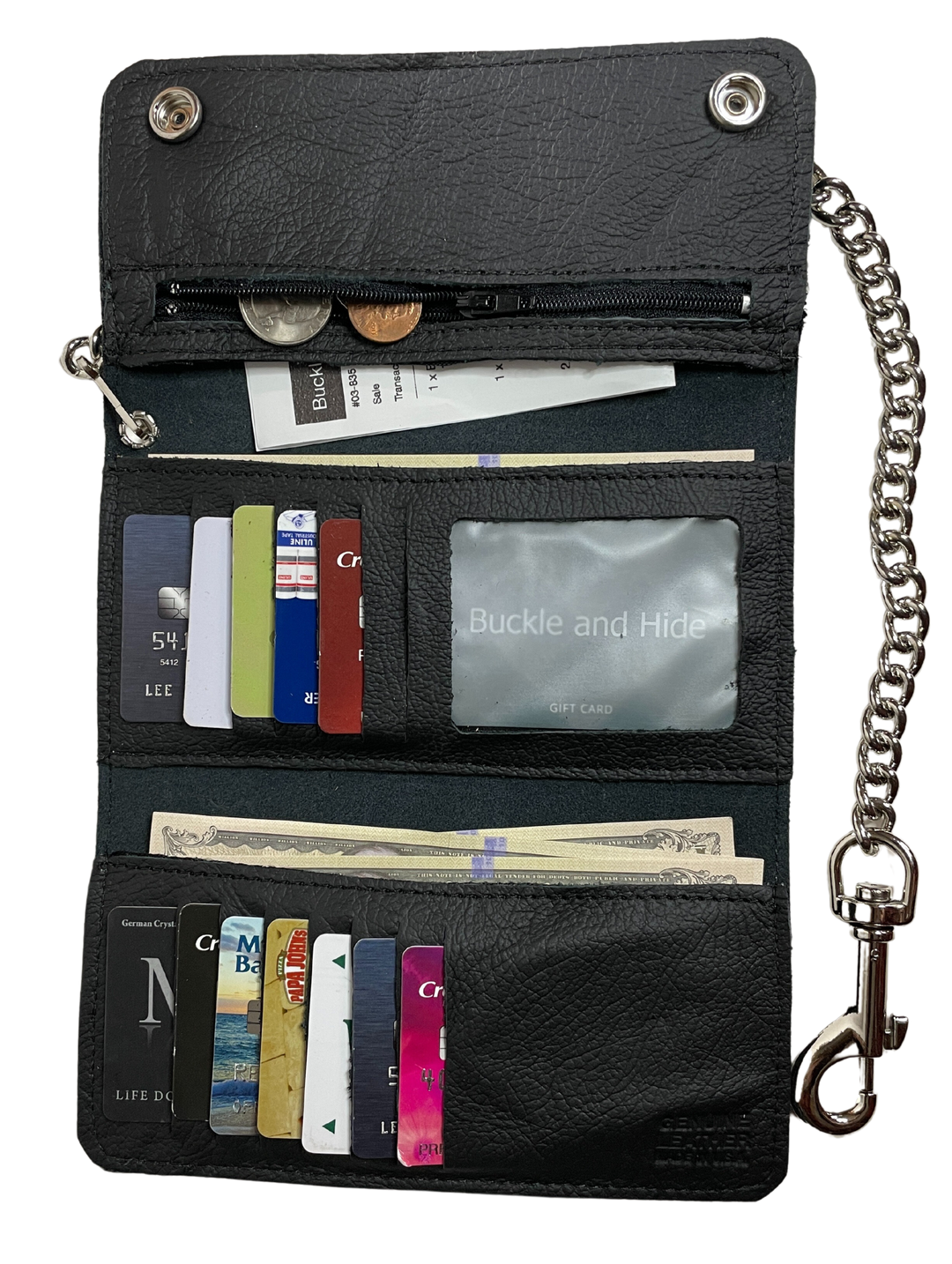 With having cards for almost everything, now, this chain wallet delivers. This chain wallet has 3 folding sections to hold cards, money, and more! Simple Black Tri-Fold Biker Wallet 13 Card Slots 1 Clear ID slot Inside pocket with zipper Secure Snap Closure 7.00” x 3.75"