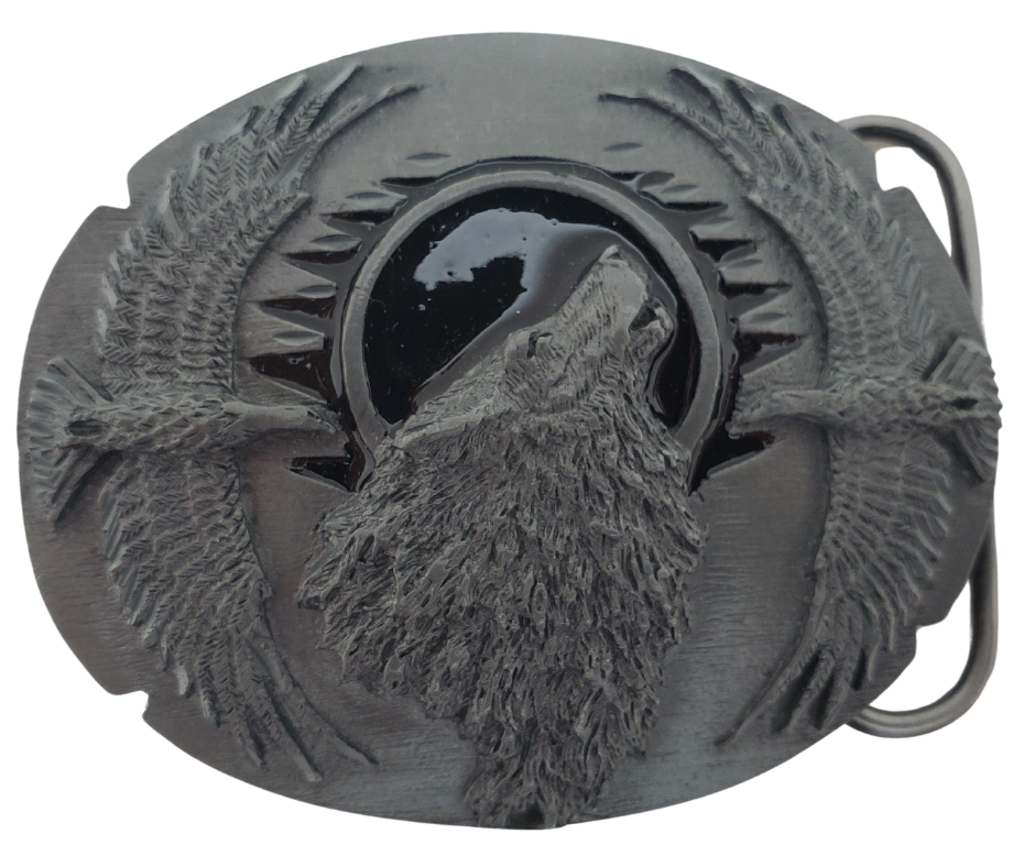 The Native Wolf gives a tribal feel with a howling wolf sitting before a black enameled sun and flanked by two soaring eagles. This pewter colored buckle fits 1 1/2" wide belt and is about 3 1/2"W x 2 3/4"H. Available in our shop just outside Nashville in Smyrna, TN