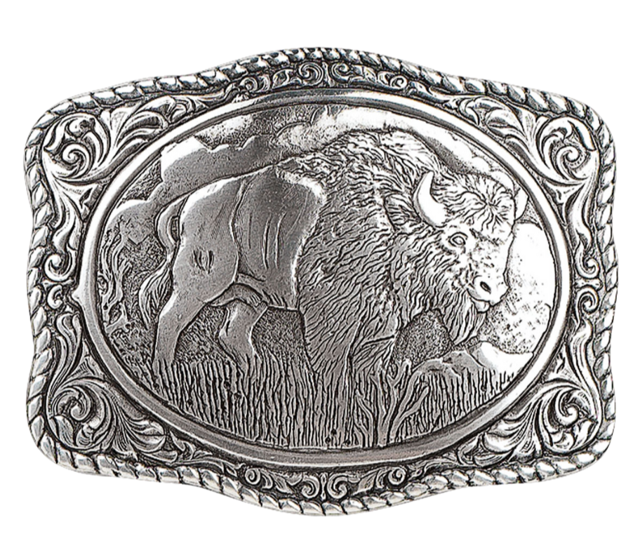 This western buckle features a timeless floral design with the legendary Old Bison at its center, complemented by a rope edge. The rectangular shape makes it a easy wear on the mid body area. It measures 2-3/4 X 3-1/2 and can be found in our Smyrna, TN shop just outside Nashville. Fit's standard 1 1/2" belts.