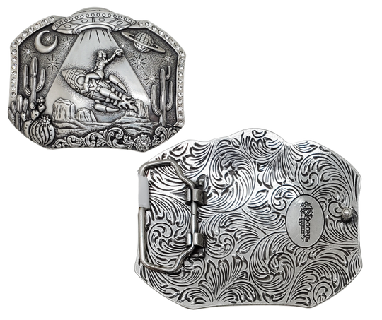 Embrace the perfect combination of the Wild West, Rhinstones and outer space with our "Cosmic Desert" Belt Buckle. This antiqued silver accessory, measuring approx. 3" tall by 4" wide, will effortlessly elevate any outfit. Don't hesitate to add this ultimate Boot Scootin essential to your collection, available for purchase at our retail store in Smyrna, TN or online. Imported.