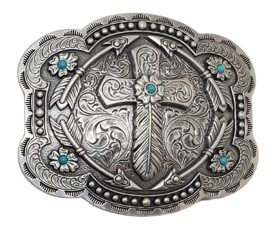 Add a touch of Western charm to your wardrobe with the "Feather Cross" Belt Buckle. Featuring a beautiful combination of Feathers, Arrows, and 5 Turquoise stones placed just right, this antique silver buckle measures 3" tall by 4" wide and is perfect for Cowboy Church. Whether you visit our retail store in Smyrna, TN or shop online, don't miss the chance to add this unique piece to your collection.