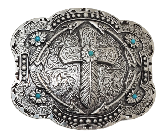 Add a touch of Western charm to your wardrobe with the "Feather Cross" Belt Buckle. Featuring a beautiful combination of Feathers, Arrows, and 5 Turquoise stones placed just right, this antique silver buckle measures 3" tall by 4" wide and is perfect for Cowboy Church. Whether you visit our retail store in Smyrna, TN or shop online, don't miss the chance to add this unique piece to your collection.