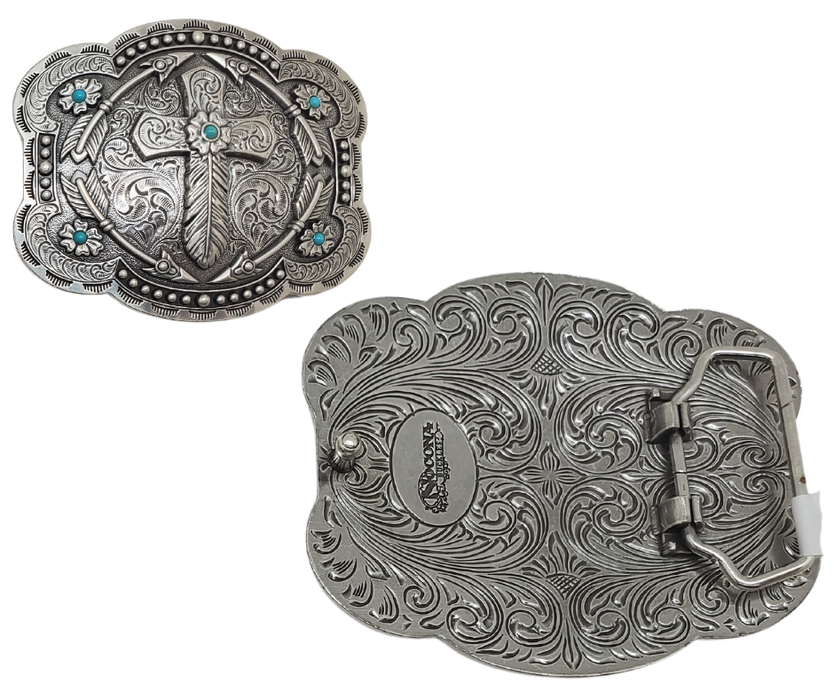 Add a touch of Western charm to your wardrobe with the "Feather Cross" Belt Buckle. Featuring a beautiful combination of Feathers, Arrows, and 5 Turquoise stones placed just right, this antique silver buckle measures 3" tall by 4" wide and is perfect for Cowboy Church. Whether you visit our retail store in Smyrna, TN or shop online, don't miss the chance to add this unique piece to your collection.