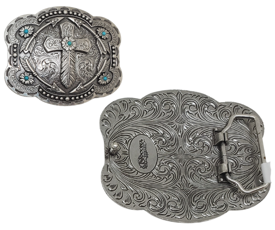 Add a touch of Western charm to your wardrobe with the "Feather Cross" Belt Buckle. Featuring a beautiful combination of Feathers, Arrows, and 5 Turquoise stones placed just right, this antique silver buckle measures 3" tall by 4" wide and is perfect for Cowboy Church. Whether you visit our retail store in Smyrna, TN or shop online, don't miss the chance to add this unique piece to your collection.