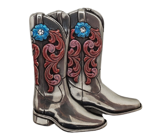 Step up your style with our "Retro Boots" Belt Buckle, featuring a colorful floral design on the shaft and a vibrant blue flower. Measuring 3" tall by 4" wide, this antique silver-colored buckle is the perfect addition to any outfit. Don't miss out on this ultimate Boot Scootin accessory, and buy it at our retail shop in Smyrna, TN or online today. Imported.