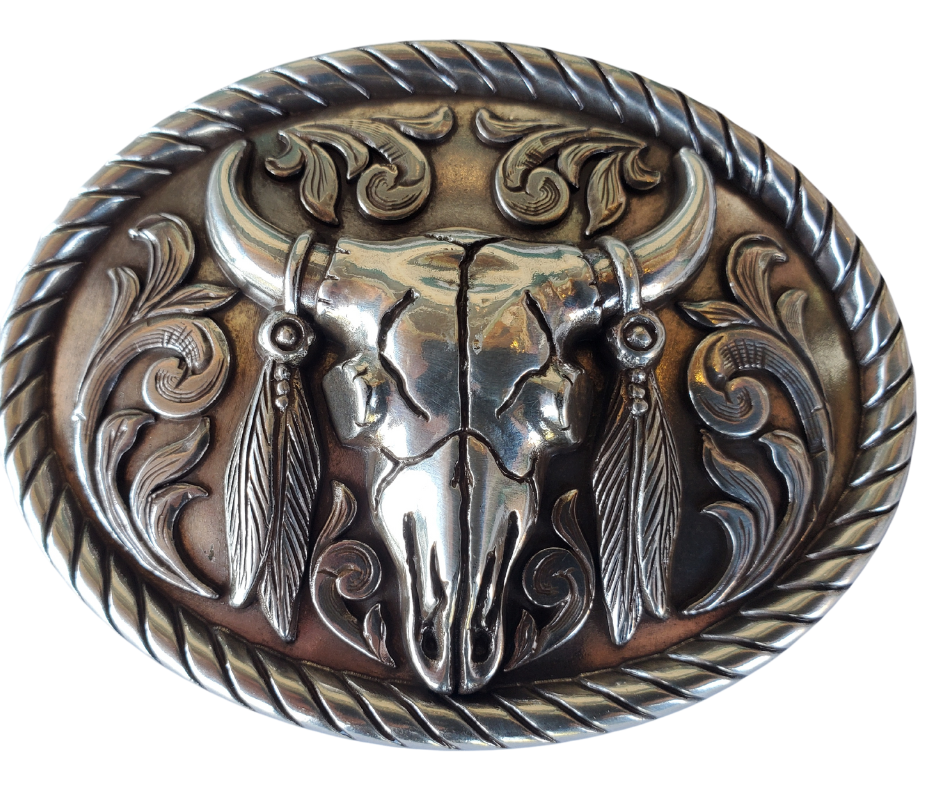 A classic image of the old west. Buffalo was everything to the native Americans. Oval shaped with a rope edge and scrolled western design. Fits any of our 1 1/2" belts and measures: 3" tall X 4" wide. Available online and in our retail shop in Smyrna, TN, just outside of Nashville