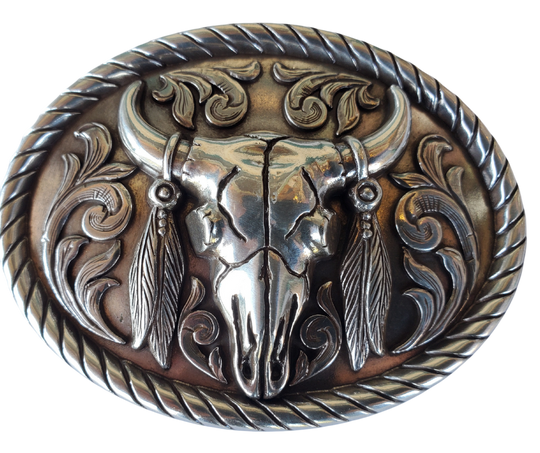 A classic image of the old west. Buffalo was everything to the native Americans. Oval shaped with a rope edge and scrolled western design. Fits any of our 1 1/2" belts and measures: 3" tall X 4" wide. Available online and in our retail shop in Smyrna, TN, just outside of Nashville