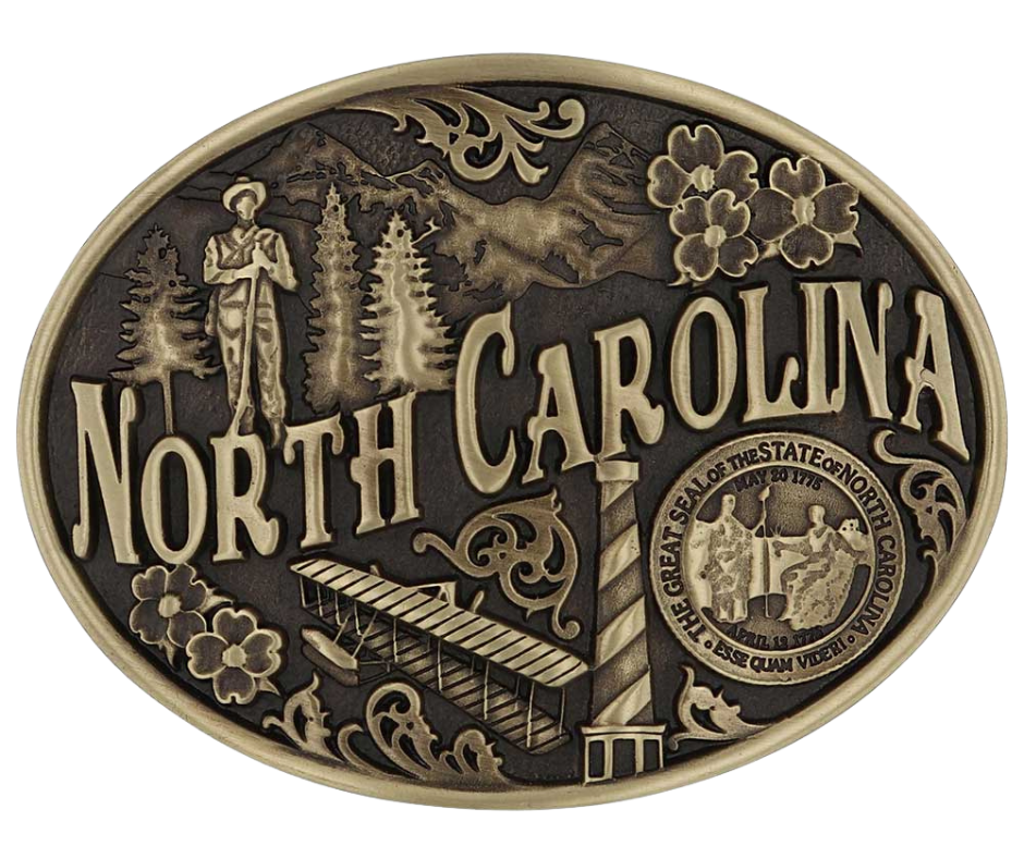 Large lettering spelling out North Carolina stretches boldly across, surrounded by a set of antiqued figures in celebration of North Carolina heritage including Cape Hatteras Lighthouse, an airplane, and the state seal. Our cast belt buckles are acid washed to add the dark antiqued patina and hand buffed to bring out the highlights and details. Standard 1.5 inch belt swivel. Get yours at our local Smyrna ,TN shop.