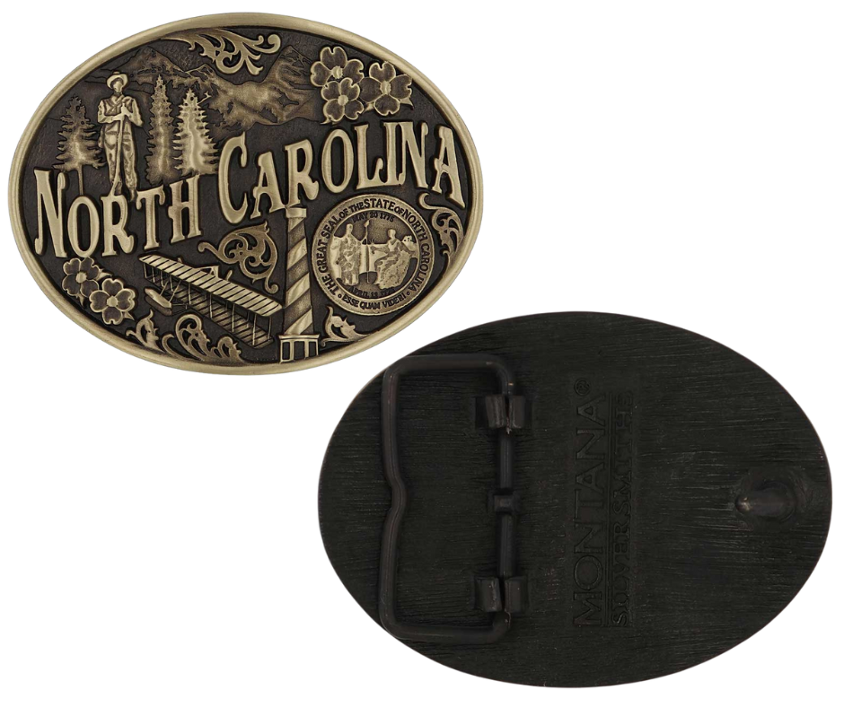 Large lettering spelling out North Carolina stretches boldly across, surrounded by a set of antiqued figures in celebration of North Carolina heritage including Cape Hatteras Lighthouse, an airplane, and the state seal. Our cast belt buckles are acid washed to add the dark antiqued patina and hand buffed to bring out the highlights and details. Standard 1.5 inch belt swivel. Get yours at our local Smyrna ,TN shop.