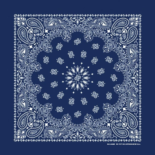 We stock traditional 100% Cotton for a soft and comfortable feel. Made in the USA and approx. 22" x 22", they feature a trademark Paisley design. Bandanas have been around for over 75 years and are still a staple in culture whether it's a farmer, MC, or a Rock star.