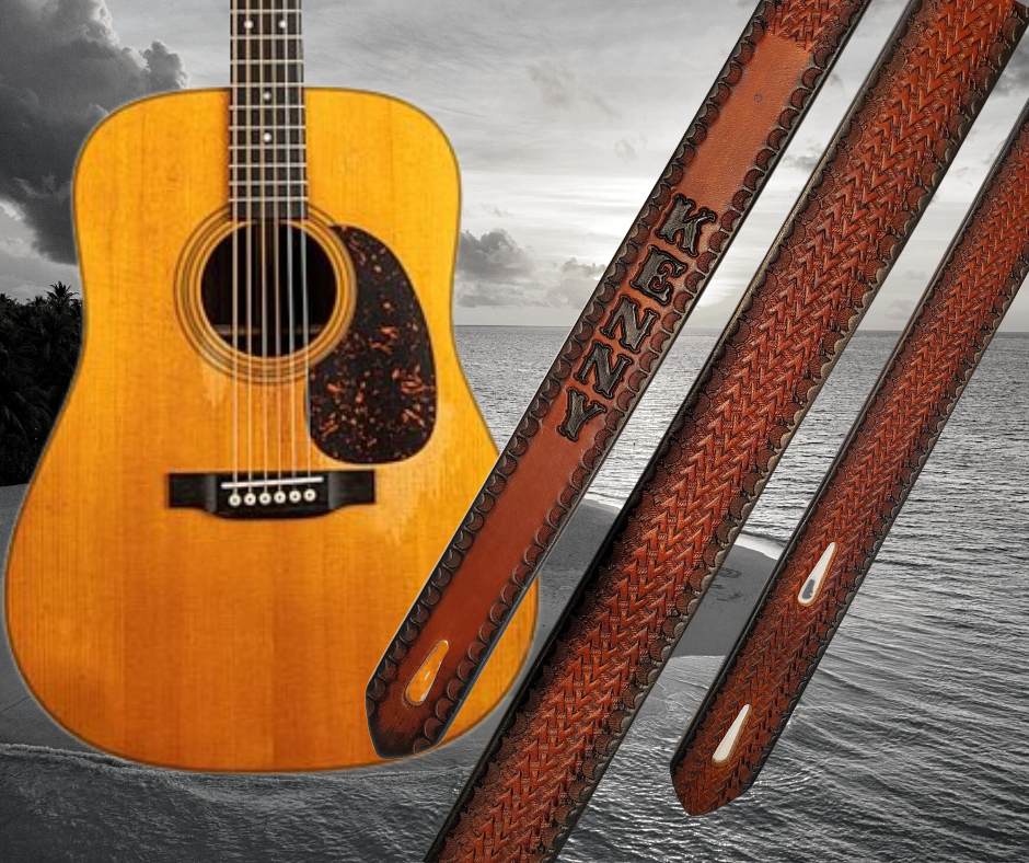 This Guitar Strap is crafted to the same high quality as our Custom belts! It's made of 1/8" thick, vegetable-tanned, drum-dyed cowhide, with beveled and black painted edges, and a unique hand stained finish and a Hand Painted Name. The main strap is one 1 1/2" wide, with a single hole in the front and 3-hole adjustment on the back. We proudly manufacture it in Smyrna, TN - just outside Nashville. 