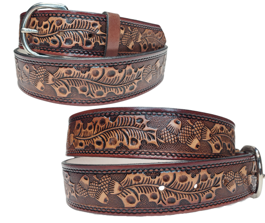 This leather belt has The Classic Oak Scroll pattern in a Brown Antiqued finish. Available in a 1 1/2" width. Full grain vegetable tanned cowhide, Width 1 1/2" and includes Nickle plated buckle Smooth burnished painted edges. Made in USA! Buckle snaps in place for easy changing if desired. In stock at our Smyrna, TN shop.