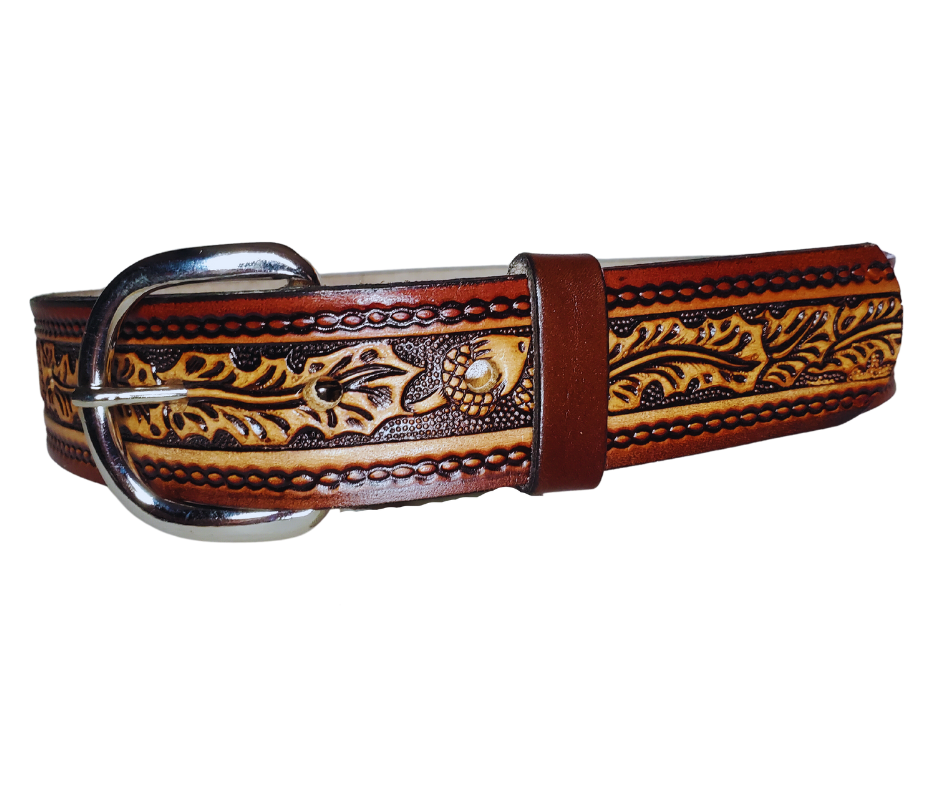 This leather belt features a gorgeous oak leaves and acorns design that stands out. The metal buckle is easily changed for convenience and comfort, making it a perfect addition to any outfit. The 1 1/4" belt is stocked in our Smyrna, TN store outside Nashville.