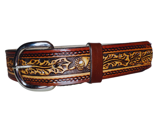 This leather belt features a gorgeous oak leaves and acorns design that stands out. The metal buckle is easily changed for convenience and comfort, making it a perfect addition to any outfit. The 1 1/4" belt is stocked in our Smyrna, TN store outside Nashville.