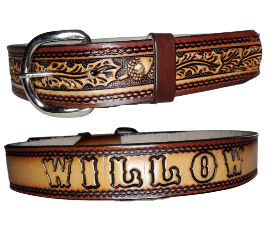 This leather belt features a gorgeous oak leaves and acorns design that stands out. The metal buckle is easily changed for convenience and comfort, making it a perfect addition to any outfit. The 1 1/4" belt is stocked in our Smyrna, TN store outside Nashville.