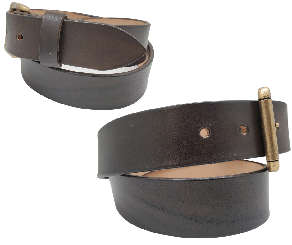 Great for The Office! This real Veg-Tan leather belt starts with a hand dyed 9-10oz (1/8"ish) leather belt strip. Comes with an Antique colored buckle that is snapped in for easy removal. It is handmade in our Smyrna, TN shop, which is located just outside of Nashville.