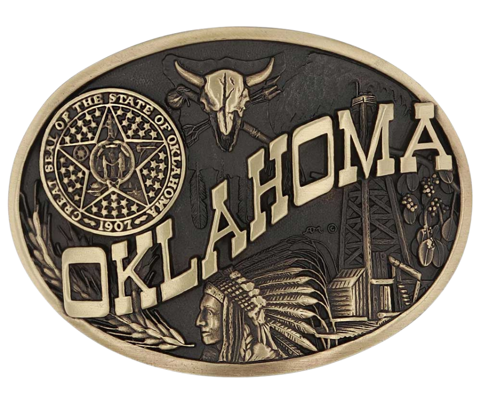 Large lettering spelling out Oklahoma stretches boldly across, surrounded by a set of antiqued figures in celebration of Oklahoma heritage including a Native Chief portrait, oil drilling, wheat, ranching and the state seal. Our cast belt buckles are acid washed to add the dark antiqued patina and hand buffed to bring out the highlights and details. Standard 1.5 inch belt swivel. Get yours at our local Smyrna ,TN shop.