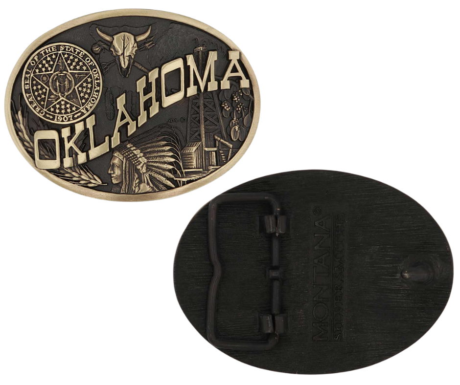 Large lettering spelling out Oklahoma stretches boldly across, surrounded by a set of antiqued figures in celebration of Oklahoma heritage including a Native Chief portrait, oil drilling, wheat, ranching and the state seal. Our cast belt buckles are acid washed to add the dark antiqued patina and hand buffed to bring out the highlights and details. Standard 1.5 inch belt swivel. Get yours at our local Smyrna ,TN shop.