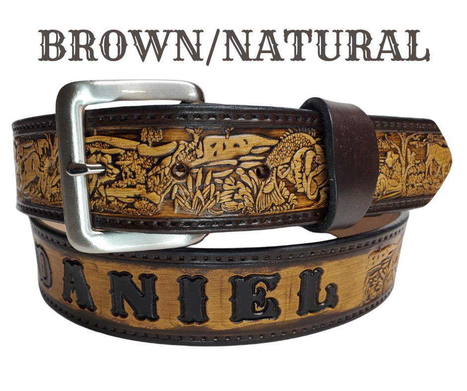 Our Outdoorsman leather belt is crafted from high-quality Veg Tan cowhide and comes in four different color options. The edges are smooth and hand finished. It has Deer, Hogs, Fish, look closely for a Racoon and a Squirrel too. Personalize your belt by adding up to 10 letters. It's 1 1/2" wide, and available in sizes 34" to 44".  The removable Brushed Nickel plated solid brass buckle is attached with two snaps. Handmade in our Smyrna, TN, USA shop, just a short trip from Nashville.