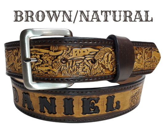 Our Outdoorsman leather belt is crafted from high-quality Veg Tan cowhide and comes in four different color options. The edges are smooth and hand finished. It has Deer, Hogs, Fish, look closely for a Racoon and a Squirrel too. Personalize your belt by adding up to 10 letters. It's 1 1/2" wide, and available in sizes 34" to 44".  The removable Brushed Nickel plated solid brass buckle is attached with two snaps. Handmade in our Smyrna, TN, USA shop, just a short trip from Nashville.