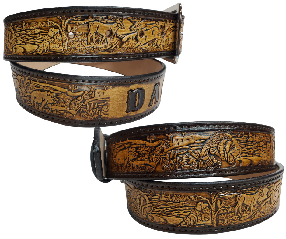 Our Outdoorsman leather belt is crafted from high-quality Veg Tan cowhide and comes in four different color options. The edges are smooth and hand finished. It has Deer, Hogs, Fish, look closely for a Racoon and a Squirrel too. Personalize your belt by adding up to 10 letters. It's 1 1/2" wide, and available in sizes 34" to 44".  The removable Brushed Nickel plated solid brass buckle is attached with two snaps. Handmade in our Smyrna, TN, USA shop, just a short trip from Nashville.