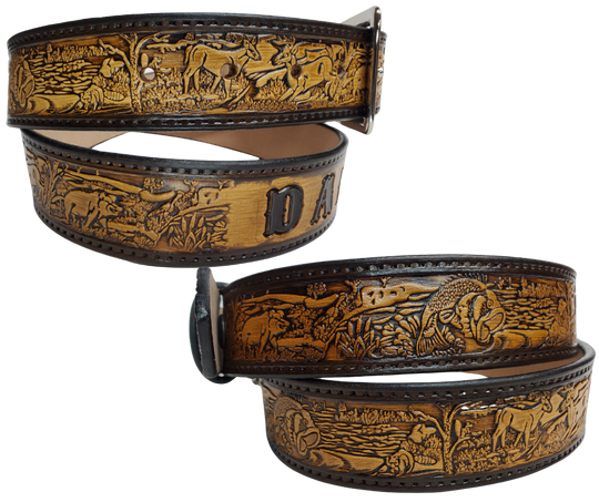 Our Outdoorsman leather belt is crafted from high-quality Veg Tan cowhide and comes in four different color options. The edges are smooth and hand finished. It has Deer, Hogs, Fish, look closely for a Racoon and a Squirrel too. Personalize your belt by adding up to 10 letters. It's 1 1/2" wide, and available in sizes 34" to 44".  The removable Brushed Nickel plated solid brass buckle is attached with two snaps. Handmade in our Smyrna, TN, USA shop, just a short trip from Nashville.