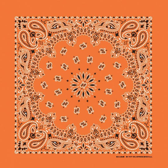 We stock traditional 100% Cotton for a soft and comfortable feel. Made in the USA and approx. 22" x 22", they feature a trademark Paisley design. Bandanas have been around for over 75 years and are still a staple in culture whether it's a farmer, MC, or a Rock star.