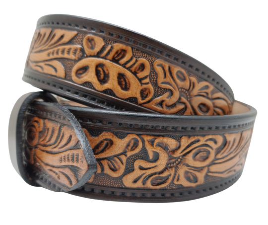 Get ready for an unforgettable Rodeo adventure with The "Pendleton" Name Belt! This one-of-a-kind belt features a 1 1/2" width and is hand-stained with a strip of vegetable tanned leather. The bold design includes a embossed stitch border and Classic Tooled center pattern, while the solid brass buckle in antique nickel finish adds a touch of ruggedness. Handcrafted at our shop in Smyrna, Tennessee, just outside Nashville.