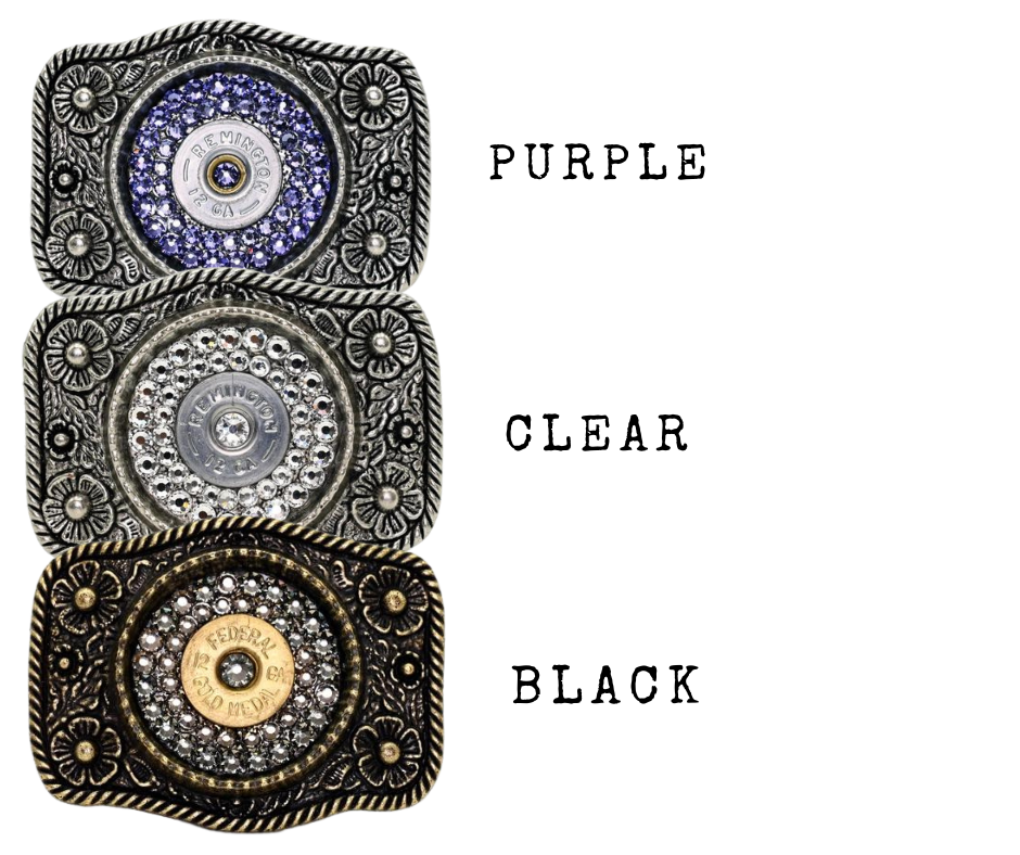 Glamorize your look with this sizzling "Calamity Jane" Buckle! Genuine Swarovski Crystals and flowers create a feminine yet daring outfit accessory. Approx. 3 1/4"" x 2 1/2" antique floral cast pewter base is tastefully topped off with authentic once-fired rounds. Add this trendy item to your wardrobe: Fit's up to 1 1/2" belts. Find it in our Smyrna, TN store near Nashville! Assembled in the USA.