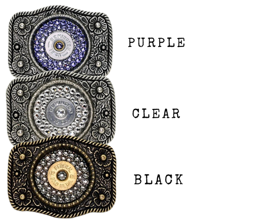 Glamorize your look with this sizzling "Calamity Jane" Buckle! Genuine Swarovski Crystals and flowers create a feminine yet daring outfit accessory. Approx. 3 1/4"" x 2 1/2" antique floral cast pewter base is tastefully topped off with authentic once-fired rounds. Add this trendy item to your wardrobe: Fit's up to 1 1/2" belts. Find it in our Smyrna, TN store near Nashville! Assembled in the USA.