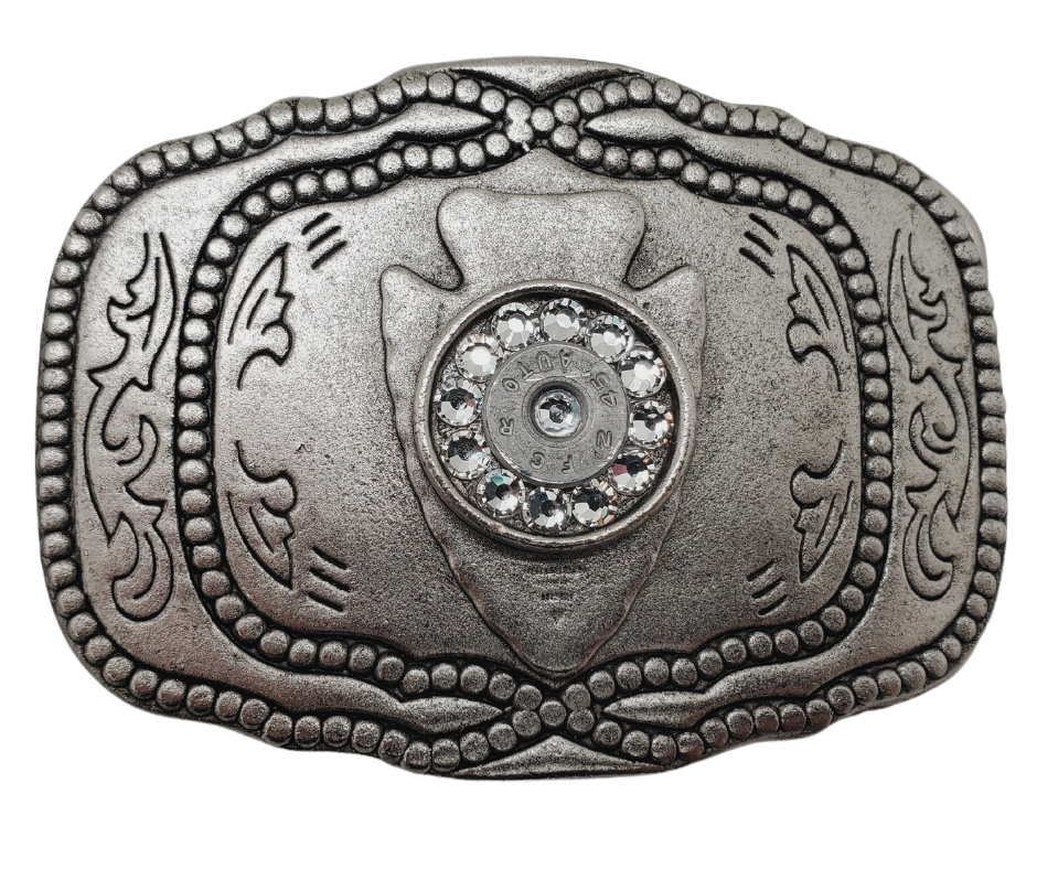 This belt buckle features the iconic Arrowhead, representing bravery, achievements, and heroism. Add some Bling with a 45 auto and you're all set! Catch attention with this 3 1/2" x 2 3/4" masterpiece, made from authentic once-fired ammunition. Fits perfectly on belts up to 1 1/2". Come visit us in Smyrna, TN - just outside Nashville - and get yours today! Proudly assembled in the USA.