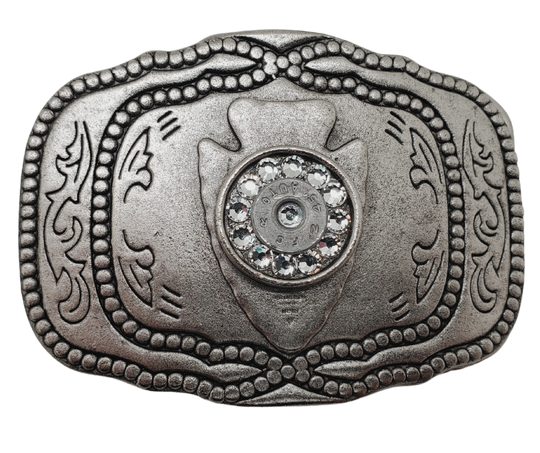 This belt buckle features the iconic Arrowhead, representing bravery, achievements, and heroism. Add some Bling with a 45 auto and you're all set! Catch attention with this 3 1/2" x 2 3/4" masterpiece, made from authentic once-fired ammunition. Fits perfectly on belts up to 1 1/2". Come visit us in Smyrna, TN - just outside Nashville - and get yours today! Proudly assembled in the USA.