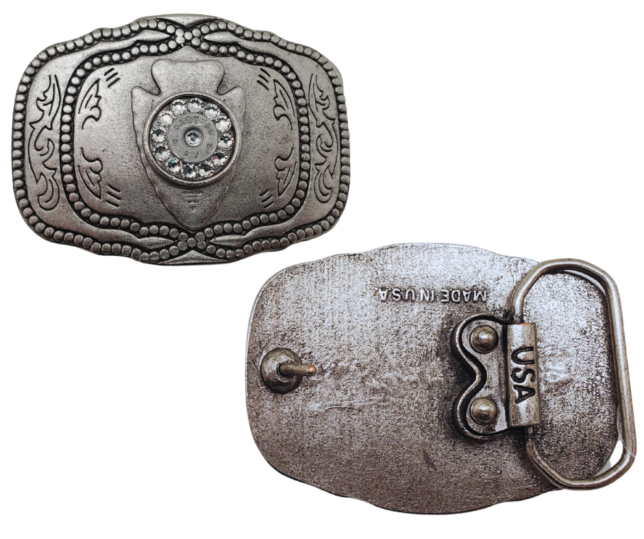 This belt buckle features the iconic Arrowhead, representing bravery, achievements, and heroism. Add some Bling with a 45 auto and you're all set! Catch attention with this 3 1/2" x 2 3/4" masterpiece, made from authentic once-fired ammunition. Fits perfectly on belts up to 1 1/2". Come visit us in Smyrna, TN - just outside Nashville - and get yours today! Proudly assembled in the USA.