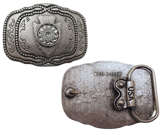 This belt buckle features the iconic Arrowhead, representing bravery, achievements, and heroism. Add some Bling with a 45 auto and you're all set! Catch attention with this 3 1/2" x 2 3/4" masterpiece, made from authentic once-fired ammunition. Fits perfectly on belts up to 1 1/2". Come visit us in Smyrna, TN - just outside Nashville - and get yours today! Proudly assembled in the USA.