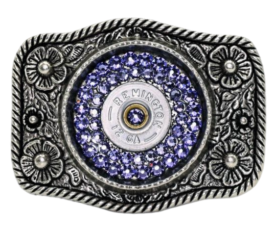 Glamorize your look with this sizzling "Calamity Jane" Buckle! Genuine Swarovski Crystals and flowers create a feminine yet daring outfit accessory. Approx. 3 1/4"" x 2 1/2" antique floral cast pewter base is tastefully topped off with authentic once-fired rounds. Add this trendy item to your wardrobe: Fit's up to 1 1/2" belts. Find it in our Smyrna, TN store near Nashville! Assembled in the USA.