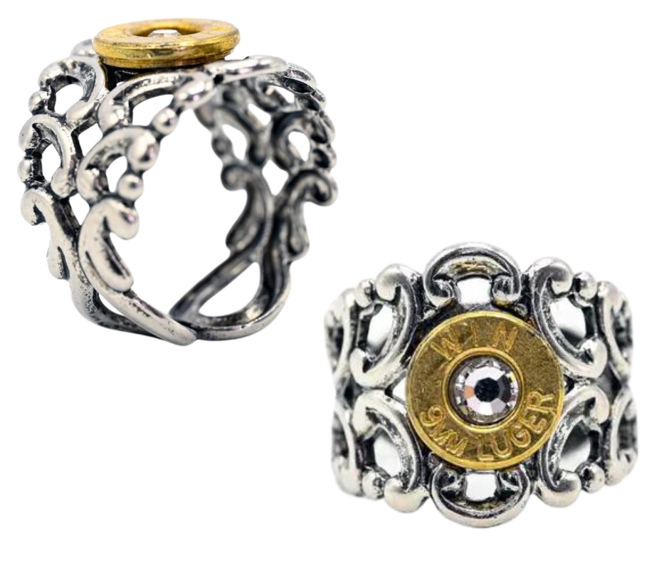 This stunning ring features an intricately designed adjustable metal band made from Genuine Fired Round. The eye-catching Swarovski Crystals add a touch of sparkle. Visit our Smyrna, TN store, only a short drive from Murfreesboro, to see it for yourself. Crafted in the USA.