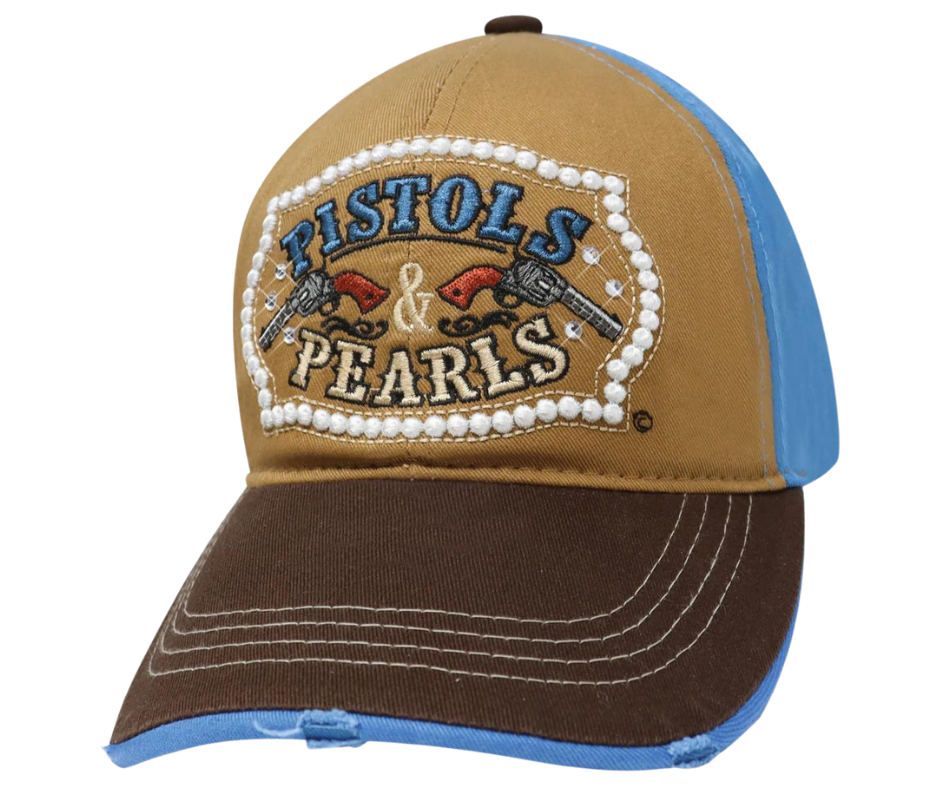 Show your inner 1791 roots with this Embroidered Trucker Cap! The Tan twill front and Blue mesh back feature graphic Pistols and Pearls some Bling in a Belt shape with a Brown stitched bill, plus an adjustable snap strap to perfectly fit any size head. Take a short trip outside Nashville to our Smyrna, TN shop and get yours now!  COLOR: TAN/BLUE/BROWN