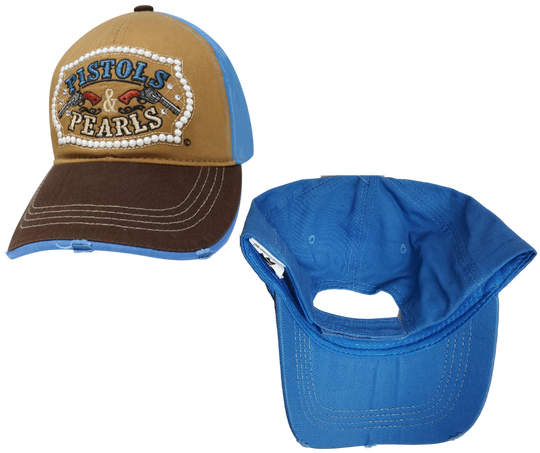 Show your inner 1791 roots with this Embroidered Trucker Cap! The Tan twill front and Blue mesh back feature graphic Pistols and Pearls some Bling in a Belt shape with a Brown stitched bill, plus an adjustable snap strap to perfectly fit any size head. Take a short trip outside Nashville to our Smyrna, TN shop and get yours now!  COLOR: TAN/BLUE/BROWN