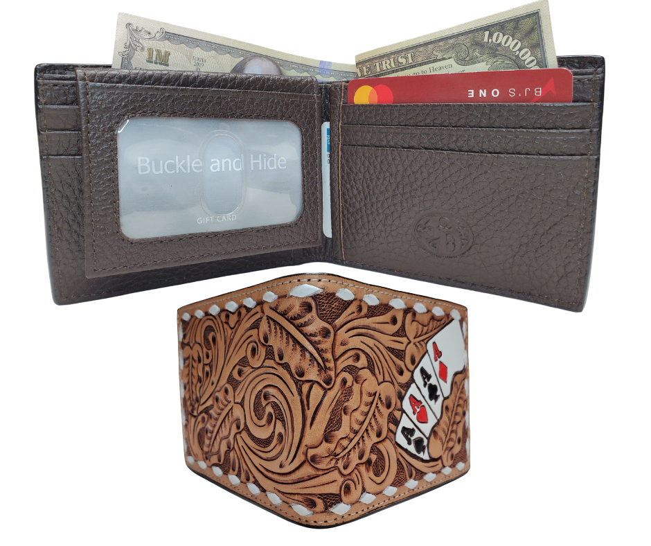 Leather Bi-fold style wallet with a traditional Tooled look with white Buck Lacing trim. Stocked at our Smyrna, TN shop not far from from downtown Nashville.

&nbsp;3D Leather Tri-fold Wallet Large Ace cards hand painted and spread across front with western scrolls and white lace.
Inside features a clear ID slot, credit card slots, and money slot.
Imported