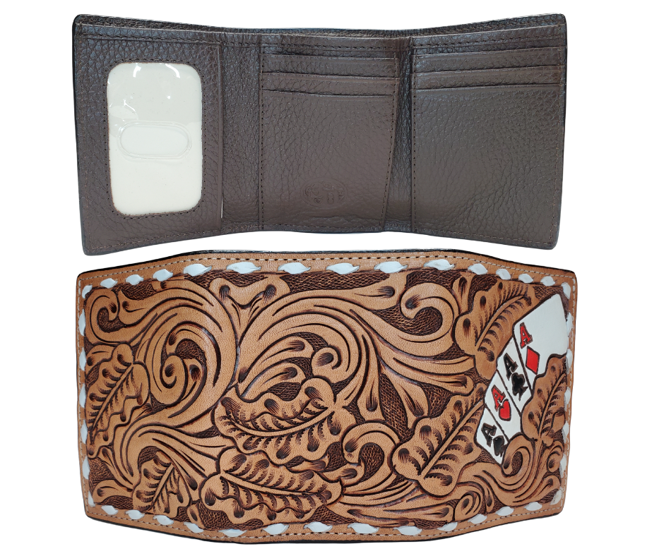 Leather Tri-fold style wallet with a traditional Tooled look with white Buck Lacing trim. Stocked at our Smyrna, TN shop not far from from downtown Nashville.

&nbsp;3D Leather Tri-fold Wallet Large Ace cards hand painted and spread across front with western scrolls and white lace.
Inside features a clear ID slot, credit card slots, and money slot.
Imported