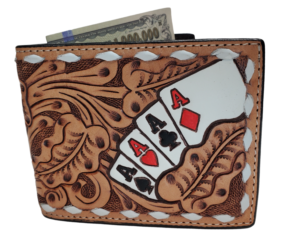 Leather Bi-fold style wallet with a traditional Tooled look with white Buck Lacing trim. Stocked at our Smyrna, TN shop not far from from downtown Nashville.

&nbsp;3D Leather Tri-fold Wallet Large Ace cards hand painted and spread across front with western scrolls and white lace.
Inside features a clear ID slot, credit card slots, and money slot.
Imported