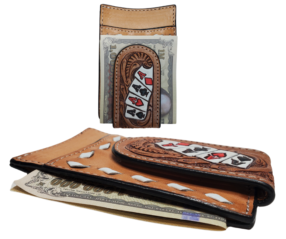 A leather Front pocket style wallet with a traditional Tooled look with white Buck Lacing trim. Stocked at our Smyrna, TN shop not far from from downtown Nashville.

3D Leather Money Clip Wallet

Ace cards hand painted and spread across magnetic clip with western scrolls and white lace.

Features 4 credit card slots, and money slot, 
Imported