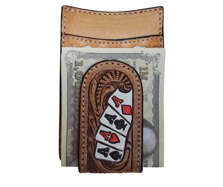 A leather Front pocket style wallet with a traditional Tooled look with white Buck Lacing trim. Stocked at our Smyrna, TN shop not far from from downtown Nashville.

3D Leather Money Clip Wallet

Ace cards hand painted and spread across magnetic clip with western scrolls and white lace.

Features 4 credit card slots, and money slot, 
Imported