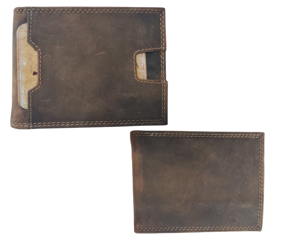 RFID protected Folding Front Pocket Style Wallet in popular Distressed Brown with 3 inside card slots, cash pocket and DOUBLE I.D. pockets. one outside one inside, great for drivers license, work I.D. or carry permit. A lot of room for such a small wallet. Though it is imported it is a great value that's Buckle and Hide approved. Get yours at our Smyrna, TN shop just a short distance from Nashville.