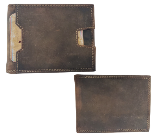 RFID protected Folding Front Pocket Style Wallet in popular Distressed Brown with 3 inside card slots, cash pocket and DOUBLE I.D. pockets. one outside one inside, great for drivers license, work I.D. or carry permit. A lot of room for such a small wallet. Though it is imported it is a great value that's Buckle and Hide approved. Get yours at our Smyrna, TN shop just a short distance from Nashville.