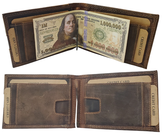 RFID protected Folding Front Pocket Style Wallet in popular Distressed Brown with 3 inside card slots, cash pocket and DOUBLE I.D. pockets. one outside one inside, great for drivers license, work I.D. or carry permit. A lot of room for such a small wallet. Though it is imported it is a great value that's Buckle and Hide approved. Get yours at our Smyrna, TN shop just a short distance from Nashville.