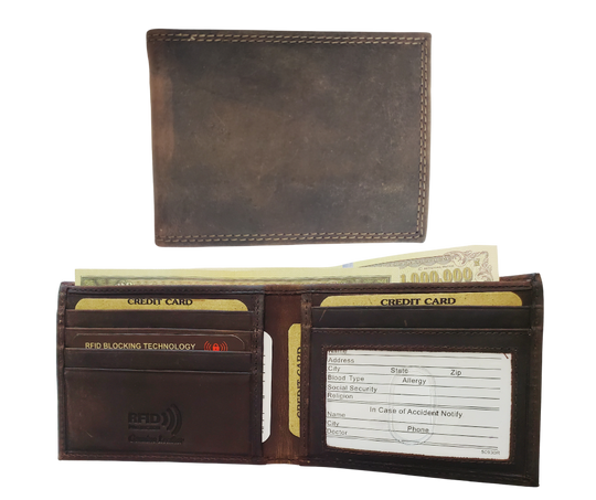 RFID protected Bi-fold in Distressed Brown. Card slots, underside pockets and I.D. flap PLUS divided cash pockets. Imported, Great Value, and Buckle and Hide approved! Stocked at our Smyrna, TN shop.&nbsp;  Bi-Fold specs - 4 1/2"x 3 1/2"x 5/8" folded, 2 cash slots, 5 CC slots, 1 I.D. slot, 2 underside pockets.