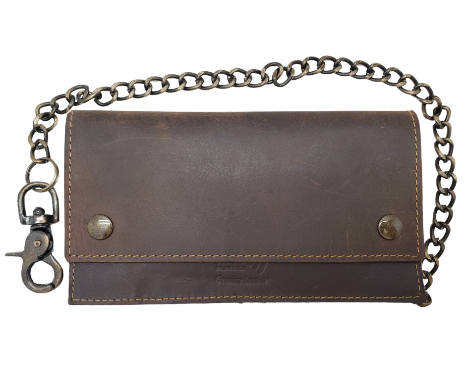 Updated Classic Distressed Brown or Black Long Style RFID Secure Tri-fold Chain Wallet. 2 cash slots, Extra backside pocket, 3-4 card slots, zippered pocket for all your important stash. Will darken with a nice patina with use. It's imported but it's Buckle and Hide approved. Standard long size. Size is 6 3/4" x 3 3/4" when snapped closed. Available at our Smyrna, TN shop.