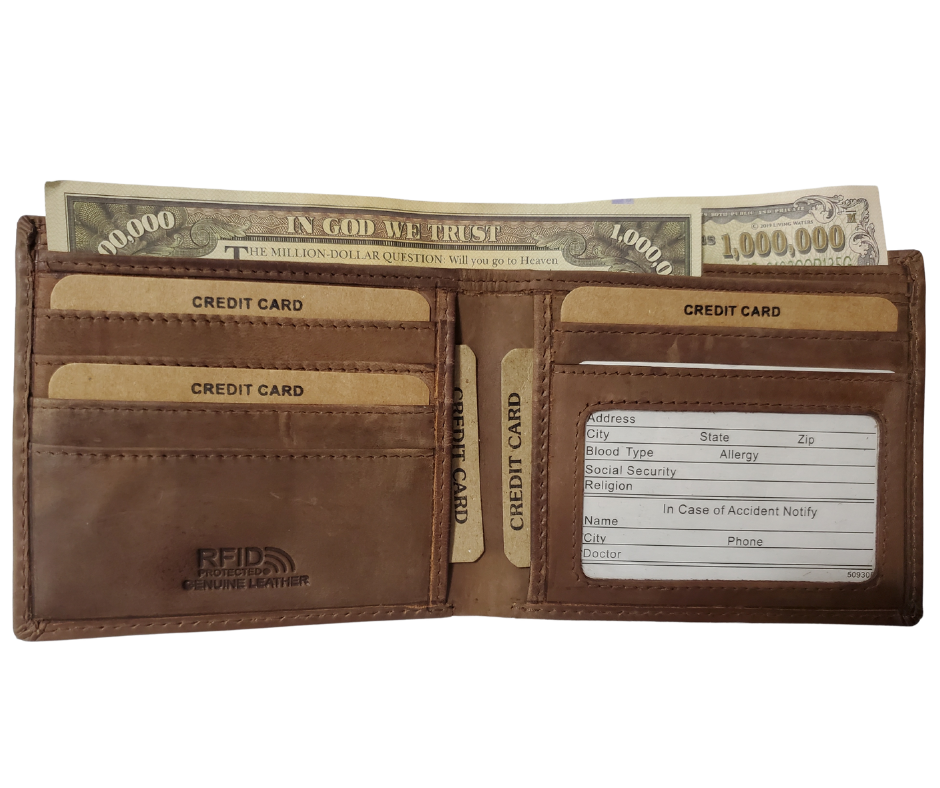 RFID protected Bi-fold Distressed Light Brown. 5 card slots, 2 underside pockets and I.D. window PLUS 2 divided cash pockets. Imported, Great Value, and Buckle and Hide approved stocked in our Smyrna, TN shop just outside Nashville.  Bi-Fold Specs- 3 5/8"x 4 1/2"x 1" folded.